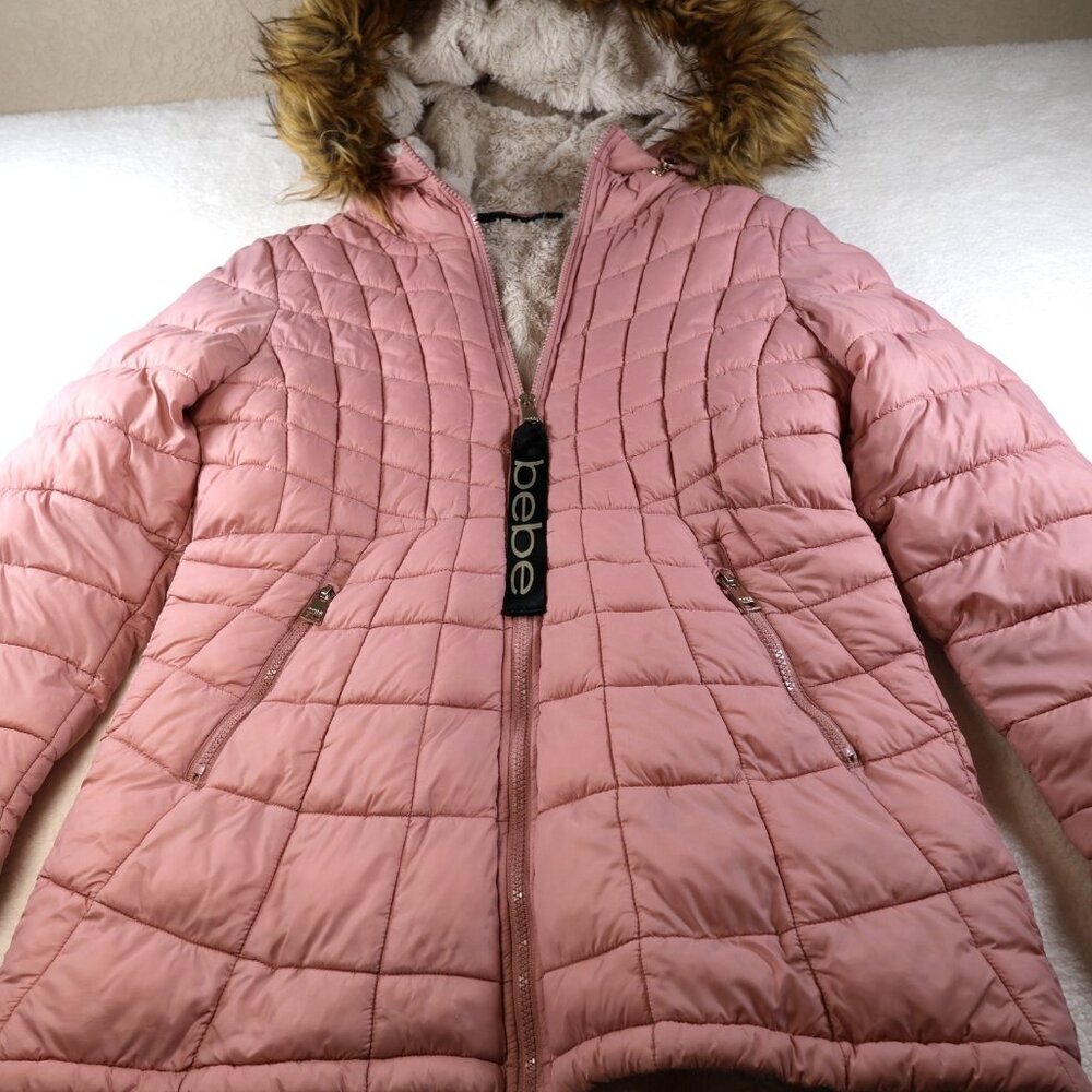 Bebe Puffer Coat with Faux Fur Hood Women's Size S Dusty Rose - Picture 2 of 7